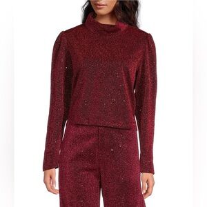 Buru S Mod Woven Metallic Mock Neck Long Puffed Sleeve Cropped Coordinating Top